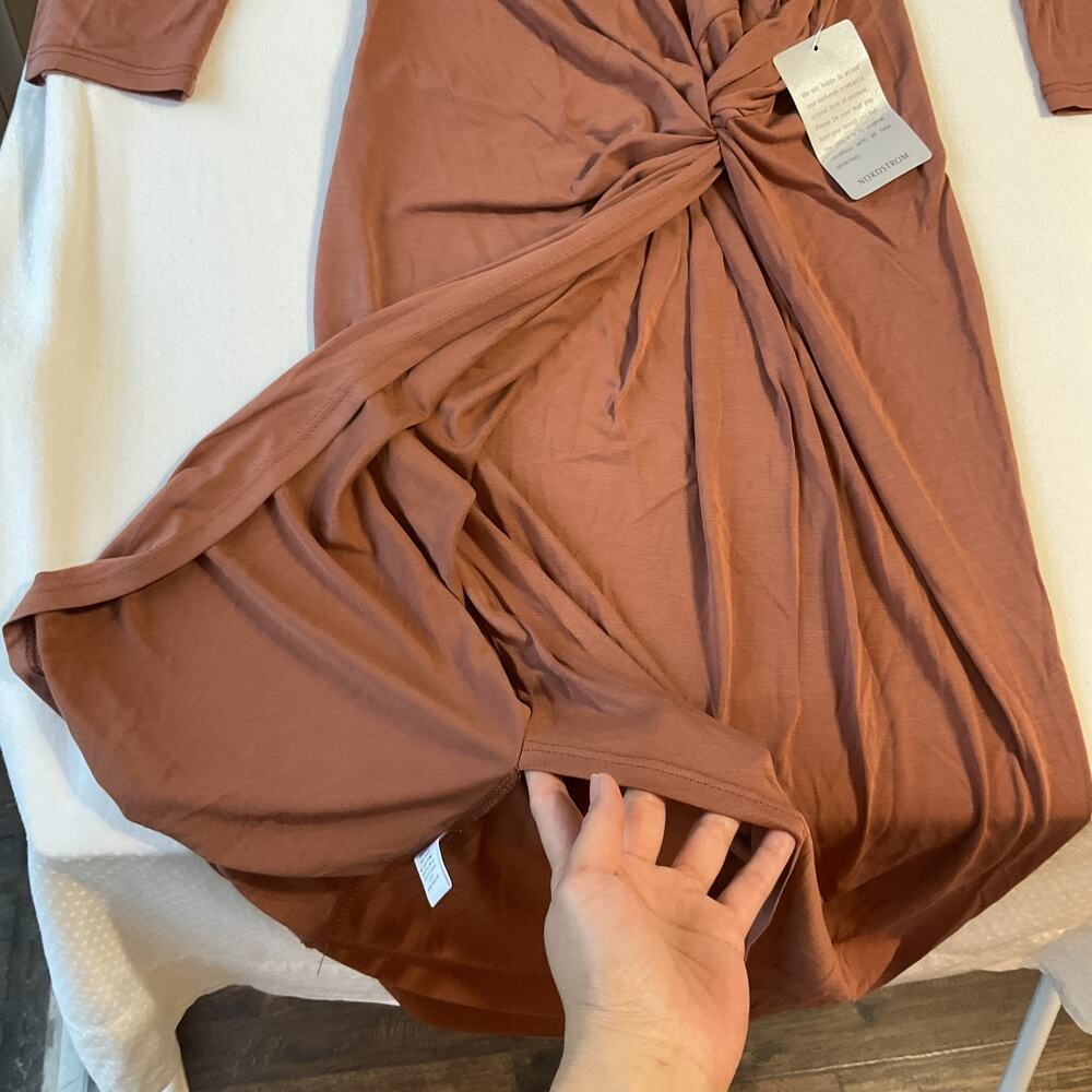 The Vanity Room Women Maxi Dress XS Rust Bodycon Knot 3/4 Sleeve Stretch PullOve - Picture 10 of 12